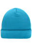A knitted beanie in bright turquoise, featuring a ribbed texture and a folded cuff. It has a logo on one side.