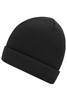 A black knitted beanie with a folded cuff, featuring a simple design and a logo.