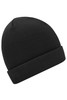 A black knitted beanie with a ribbed texture and a folded cuff, featuring a logo on the side.