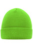 A knitted beanie in bright green featuring a rolled cuff and textured fabric. It has a logo on the side.