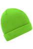 A knitted beanie in a bright green colour with a folded cuff. It has a logo on the side.