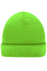 A bright green knitted beanie with a folded cuff and a textured finish, featuring a logo.
