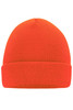 A knitted beanie in bright orange with a cuffed design and a logo.