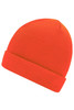 An orange knitted beanie featuring a folded cuff and a smooth texture, with a branding logo.
