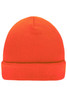 A knitted beanie in bright orange with a folded hem, featuring a logo on the side.
