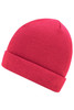 A pink knitted beanie with a folded brim and ribbed texture, featuring a logo on one side.