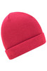 A red knitted beanie with a folded cuff and textured surface, featuring a logo on one side.