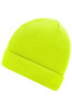 A knitted beanie in bright yellow with a rolled cuff. It features a logo on the side.