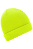 A knitted beanie in bright neon yellow, featuring a folded cuff and a simple design.
