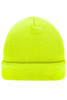A bright yellow knitted beanie with a folded cuff and a textured pattern. It features a logo on the side.