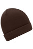 A brown knitted beanie with a folded cuff and ribbed texture, featuring a logo.