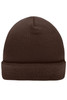 A brown knitted beanie with a ribbed texture and a turned-up cuff. It features a logo on the side.