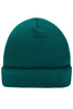 A knitted beanie in teal, featuring a textured ribbed pattern and a turned-up cuff. It has a logo on the side.