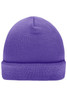 A purple knitted beanie with a folded brim, featuring a logo on the side.