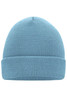 A knitted beanie in a soft blue colour with a ribbed texture and a rolled hem.