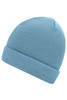 A knitted beanie in a light blue colour with a folded cuff and a seamless design.