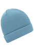 A blue knitted beanie with a folded brim, featuring a simple design and a logo.
