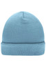 A knitted beanie in a light blue colour with a rolled-up cuff and textured fabric. Features a logo on the side.
