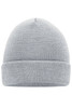 A grey knitted beanie with a rolled cuff and a textured pattern, featuring a logo.