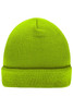 A knitted beanie in bright neon green, featuring a folded cuff and a smooth texture.