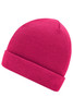 A knitted beanie in bright pink with a folded cuff and a smooth texture. It features a logo on the side.
