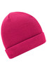 A pink knitted beanie with a cuffed design, featuring a logo.