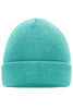 A knitted beanie in a bright teal colour with a folded cuff. It has a simple design and features a logo.