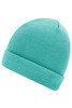 A teal knitted beanie with a folded cuff and a simple design, featuring a logo.