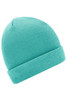 A knitted beanie in a bright teal colour with a fold-over cuff, featuring a logo.