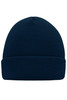 A knitted beanie in dark navy blue with a folded cuff. The beanie has a plain design and features a logo.