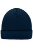 A knitted beanie in dark navy blue with a folded cuff and ribbed texture. It features a logo on the side.