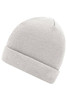 A light grey knitted beanie with a folded cuff and a simple design. It has branding on the inside.