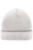 A knitted beanie in light grey, featuring a folded cuff and a textured finish. It includes a logo.