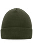 A knitted beanie in olive green with a snug fit and a folded brim. It features a logo on the side.