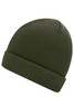 A knitted beanie in olive green, featuring a ribbed texture and a folded cuff, with a logo on the front.