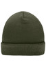 A knitted beanie in olive green, featuring a ribbed texture and a folded cuff. It has a brand logo.
