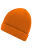 An orange knitted beanie with a rolled cuff, featuring a logo.