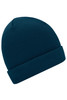A knitted beanie in a deep teal colour with a fold-over cuff and a ribbed texture.