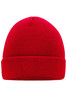 A red knitted beanie with a ribbed texture and folded cuff, featuring a logo.