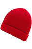 A red knitted beanie with a rolled cuff, featuring a logo on the side.