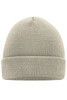 A knitted beanie in a soft grey colour with a folded cuff. It features a simple design and has branding.