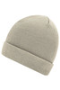 A knitted beanie in a light grey colour with a rolled cuff and a textured finish. It has a logo on it.