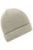 A knitted beanie in a light grey shade, featuring a rolled cuff and ribbed texture. It has a logo on the side.