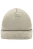 A knitted beanie in a light grey colour, featuring a rolled cuff and a simple design.