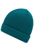 A knitted beanie in a deep teal colour, featuring a rolled cuff and a textured design. It has a logo on the side.