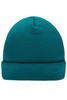 A teal knitted beanie with a ribbed texture and folded brim, featuring a logo.