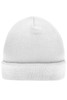 A white knitted beanie with a rolled cuff, featuring a simple design and no visible branding.