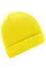 A bright yellow knitted beanie with a rolled cuff, featuring a logo on the front.