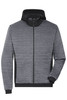 A men's padded hybrid jacket in grey with black accents and a hood. It features a zip front and long sleeves.