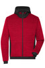 A red padded hybrid jacket with a hood and textured fabric, featuring black accents and a zip front.